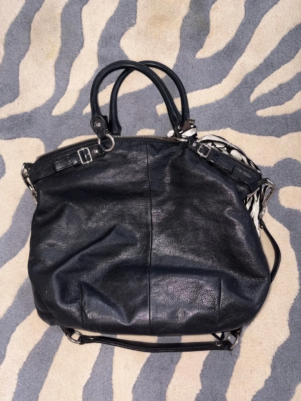 Coach Black Pebbled Leather Shoulder Bag with Black & White Scarf